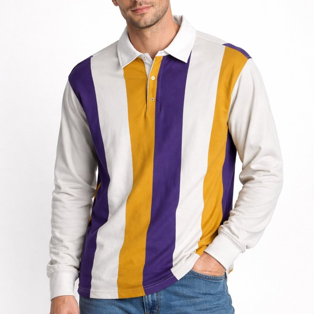 Urban Outfitters Purple Gold Striped Rugby Polo Shirt Men’s Size M